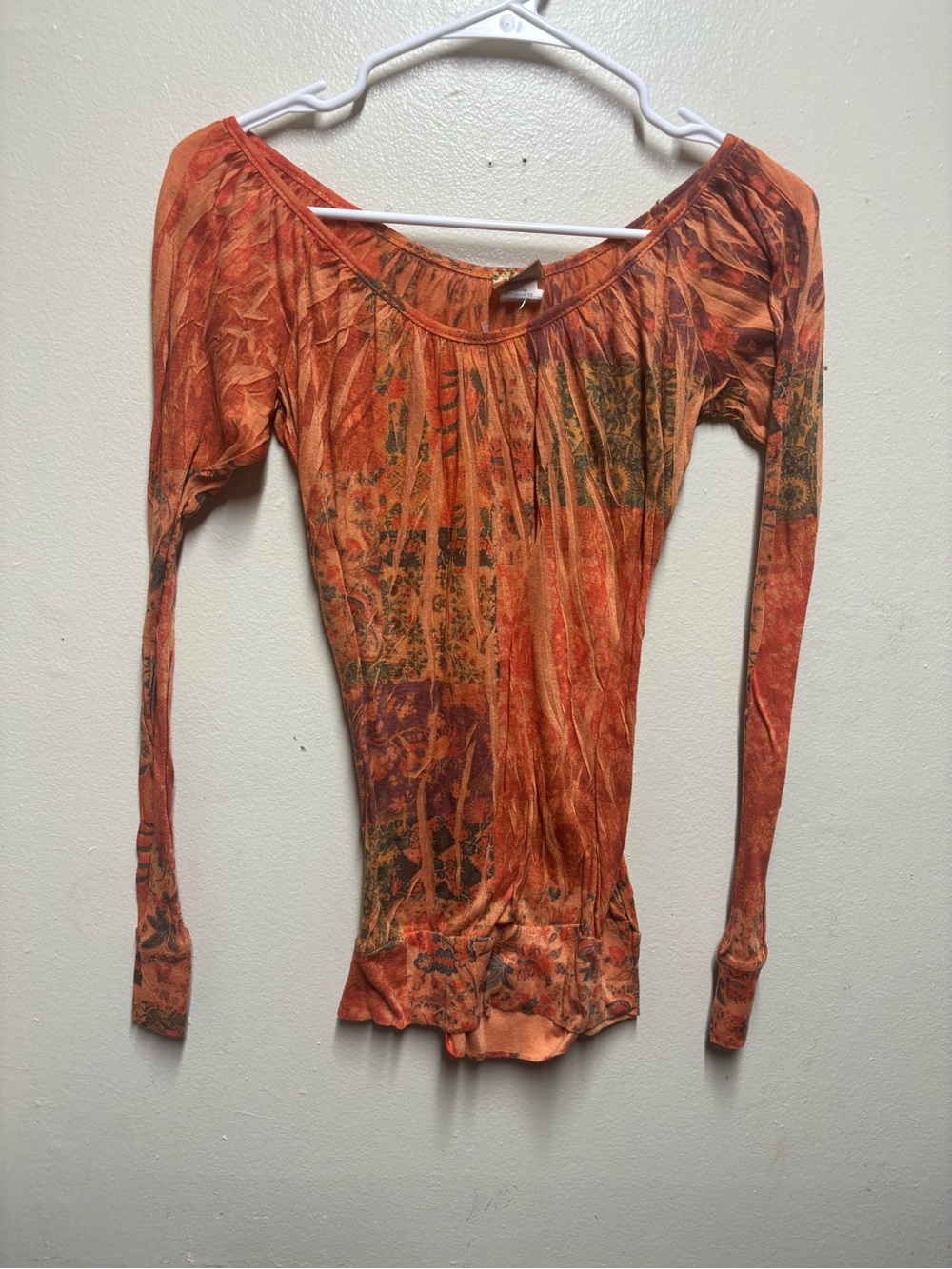 Daytrip Boho Abstract Patchwork Mesh Long Sleeve Top Rust Orange Y2K Festival S